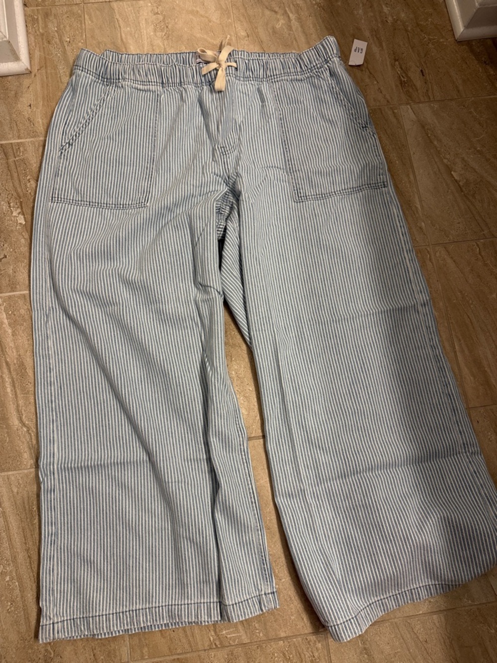 GAP Light Blue and White Pinstripe Wide-Leg Drawstring Jeans